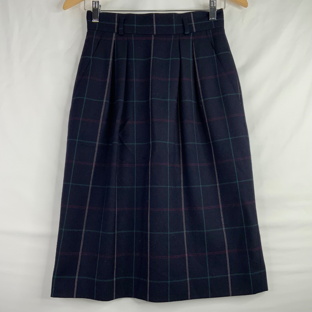 Jones New York Vintage 100% Pure Wool Plaid Pleated Midi Skirt Navy Blue Size 4